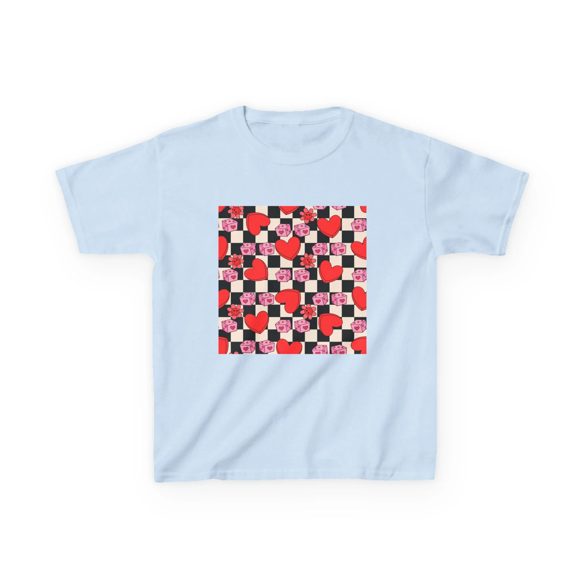 Checkerboard Hearts Kids Tee | Red Pink Black Heart Pattern