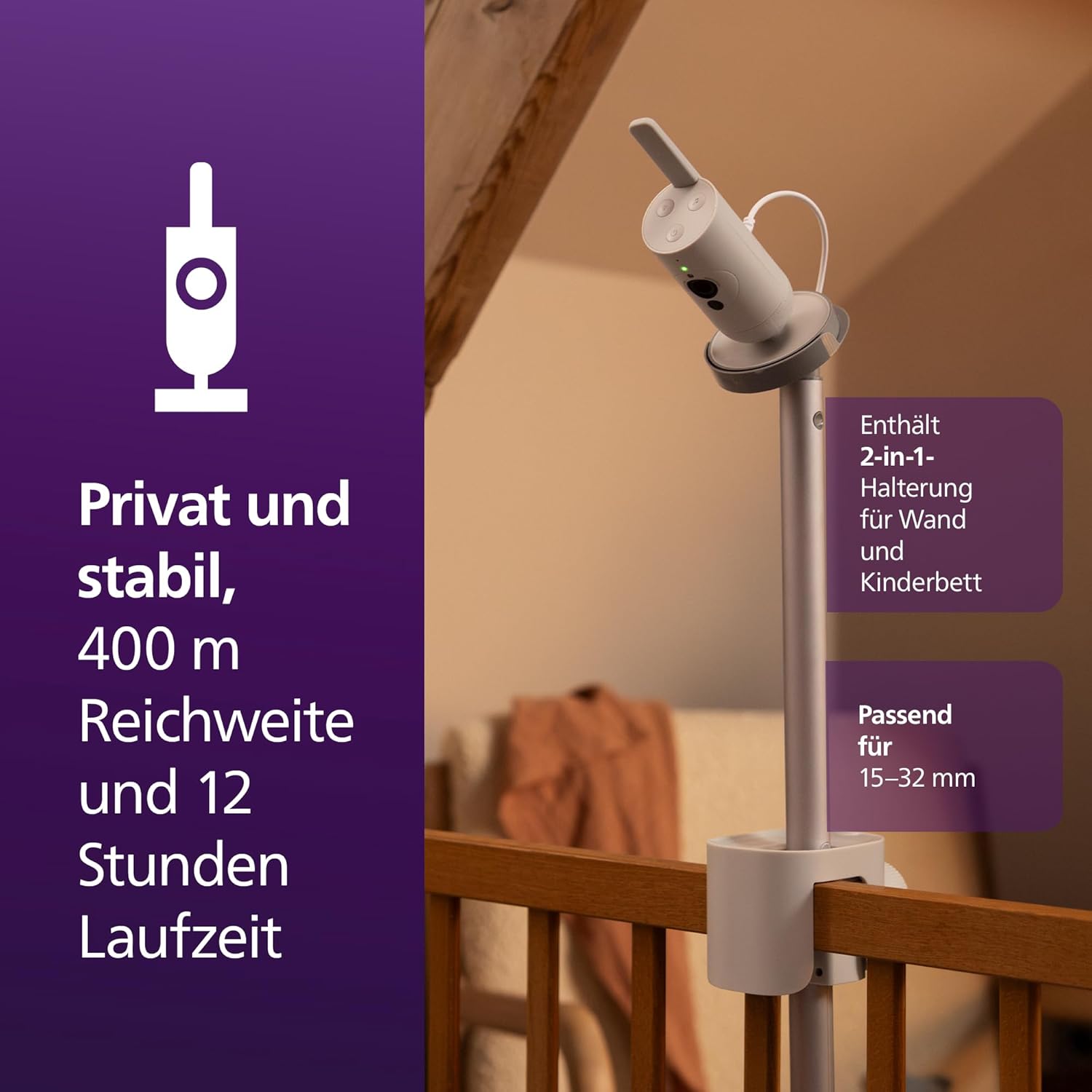 PHILIPS Avent Connected Videophone mit WLAN, hochwertiger HD-Kamera, Infrarot-Nachtsichtfunktion, Schrei-Erkennung, Gegensprechfunktion, 12 Stunden Bildschirmlaufzeit im Eco-Modus, Modell SCD951/26