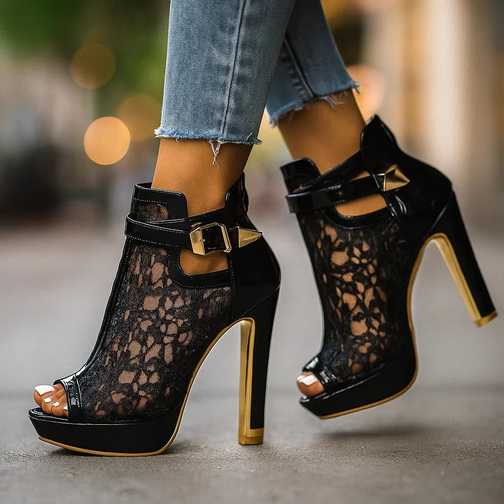 Women��s Gold Lace Peep-Toe Stiletto Heels with Ankle Strap