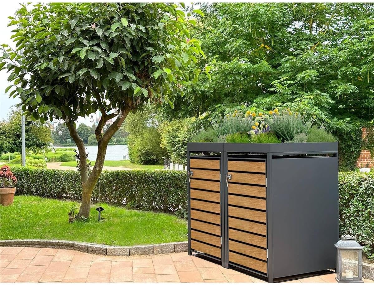 Metzler Mülltonnenbox 2er 240L in Anthrazit & Holzoptik mit Pflanzdach & Sichtstreifen, Mülltonnenverkleidung 2 Tonnen mit Automatikdeckel, Müllbox mit pulverbeschichtetem Stahl rostfrei, abschließbar