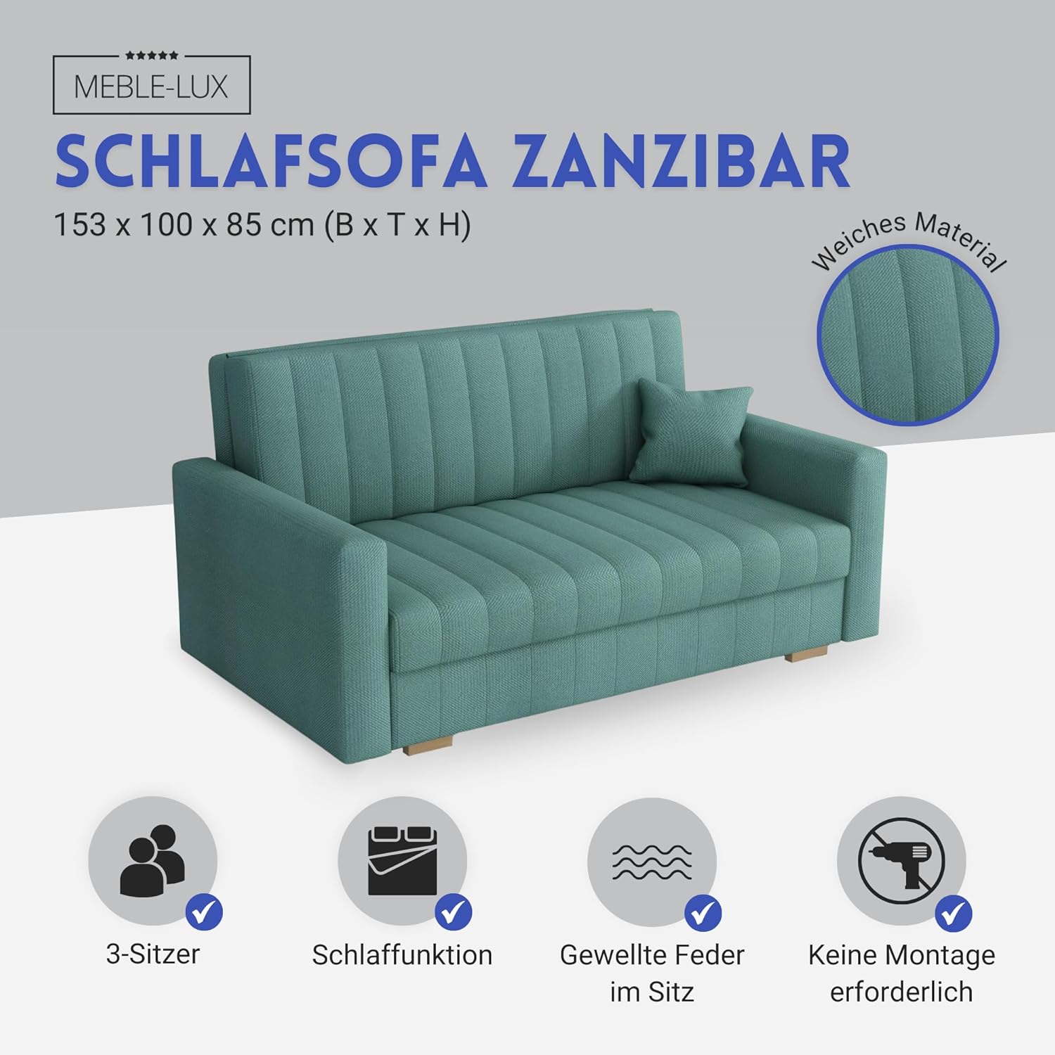 Schlafsofa klein Zanzibar I Sofa 3 Sitzer 153 cm Breit I Sofa mit Schlaffunktion I Schlafsofa mit Bettkasten I Couch mit Schlaffunktion Klein Mint