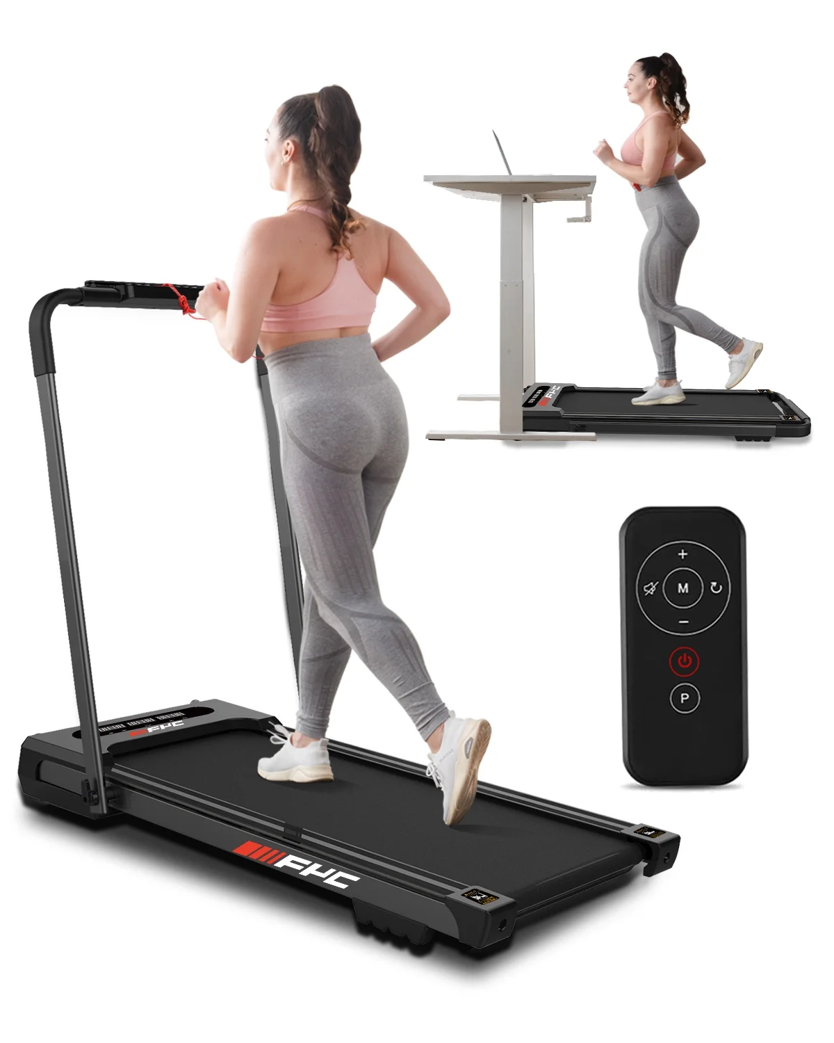 FYC 3.5HP Under Desk Treadmill �?300LBS Weight Capacity, 2-in-1 Foldable Design, Remote Control & LED Display �?Compact Electric Walking and Running Machine for Walking, Running, Jogging (Black)