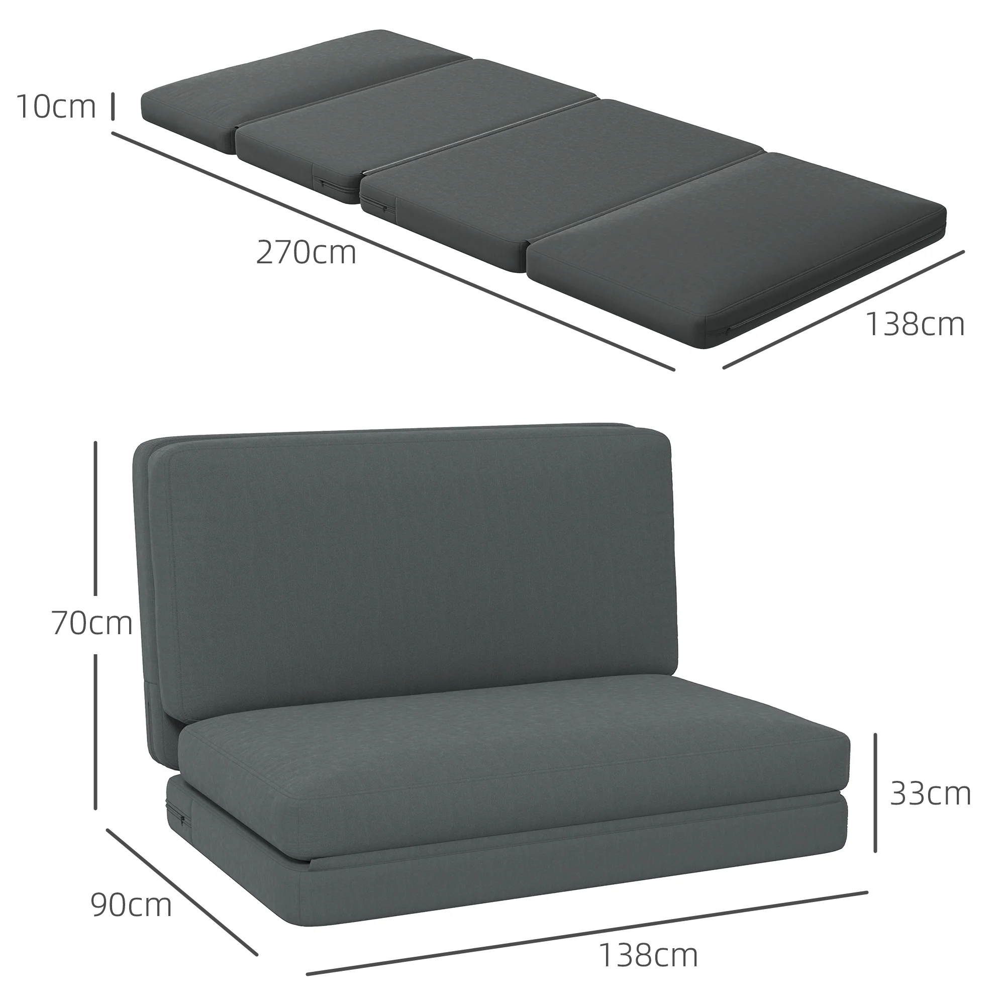 HOMCOM 3-in-1 Opvouwbare Relaxstoel, Gastenmatras, Deelbaar, 138 cm breed, Donkergrijs