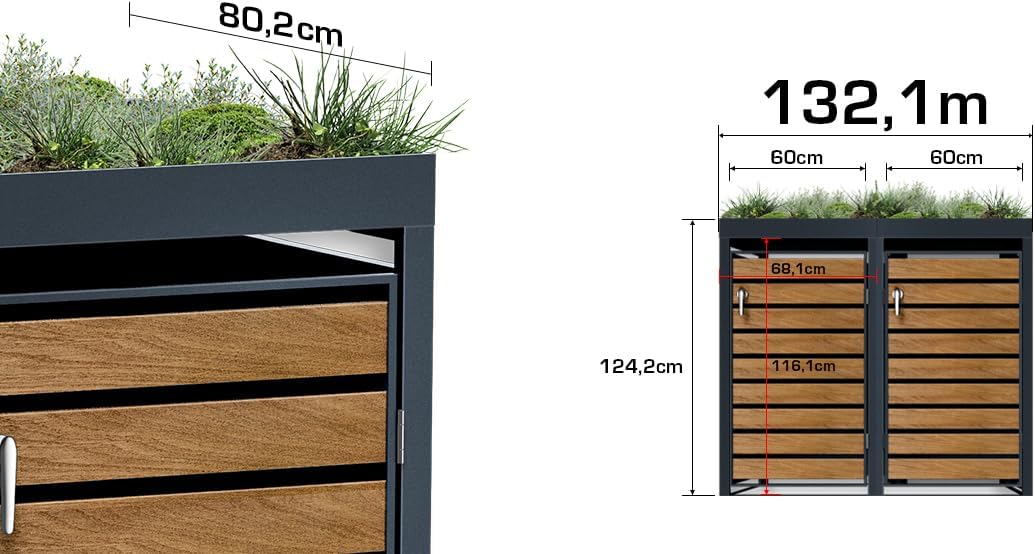 Metzler Mülltonnenbox 2er 240L in Anthrazit & Holzoptik mit Pflanzdach & Sichtstreifen, Mülltonnenverkleidung 2 Tonnen mit Automatikdeckel, Müllbox mit pulverbeschichtetem Stahl rostfrei, abschließbar