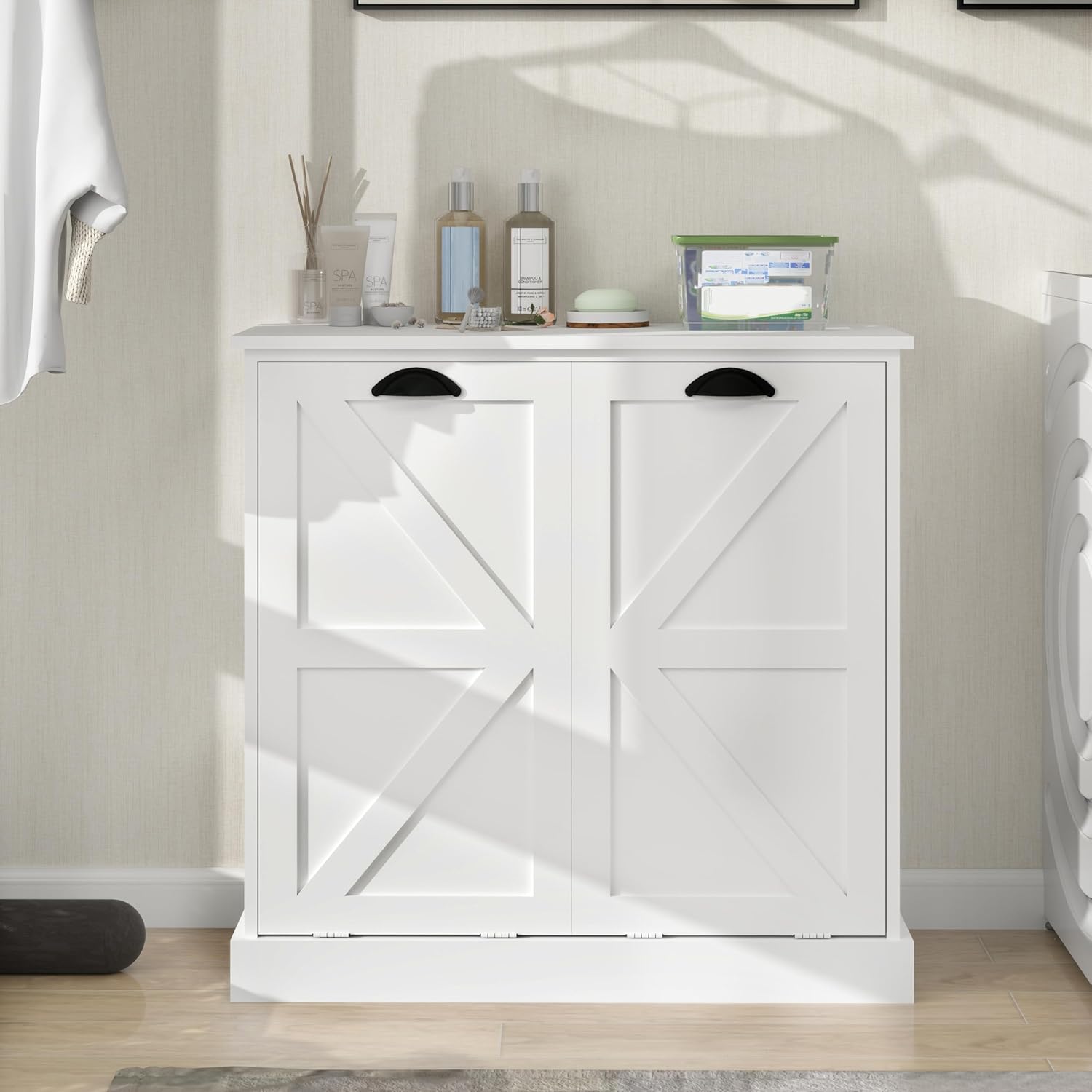 Tilt Out Laundry Sorter Cabinet with 2 Removable Liner Bags,Divided Laundry Hamper Cabinet with Semi-Circular Metal Handle and Barn Door for Space Saving (Style-01)