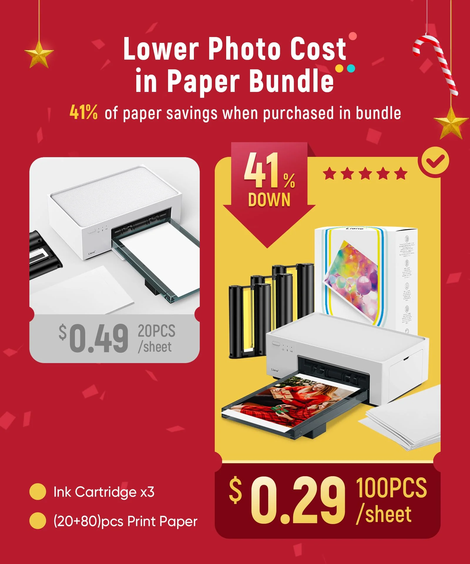 Liene 4�6 Photo Printer with Wi-Fi, 100 Sheets, Thermal-Dye Sublimation, for iPhone & Android