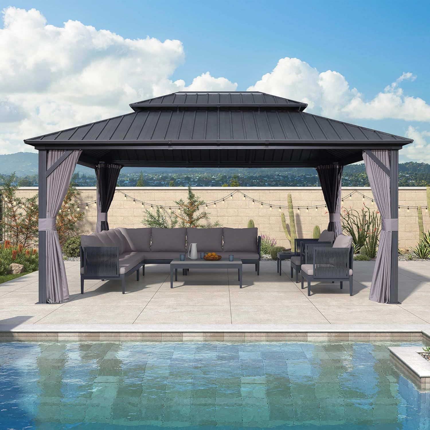 Purple Leaf Hardtop Aluminium Gazebo with Double-Layer Steel Roof, Mosquito Nets, and Curtains - 3.65m x 4.85m, Grey