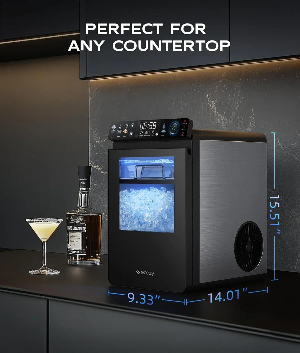 Nugget Ice Maker Pultra, Okos Kavics Jég Gép APP Vezérléssel, 20 kg/24H Lágy Pellet Rágcsálható Jég Öntisztítással, Rozsdamentes Acél