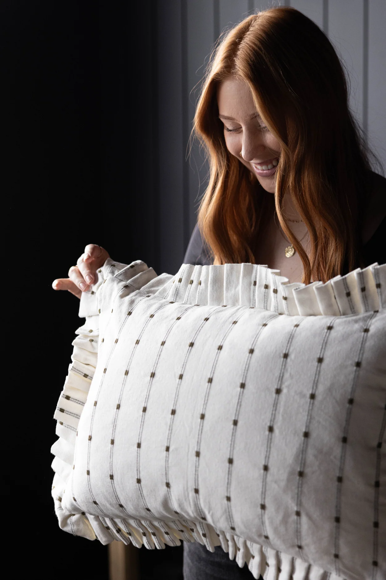 Ruffle Lumbar Pillow Cover White Embroidery Olive Green Stripes
