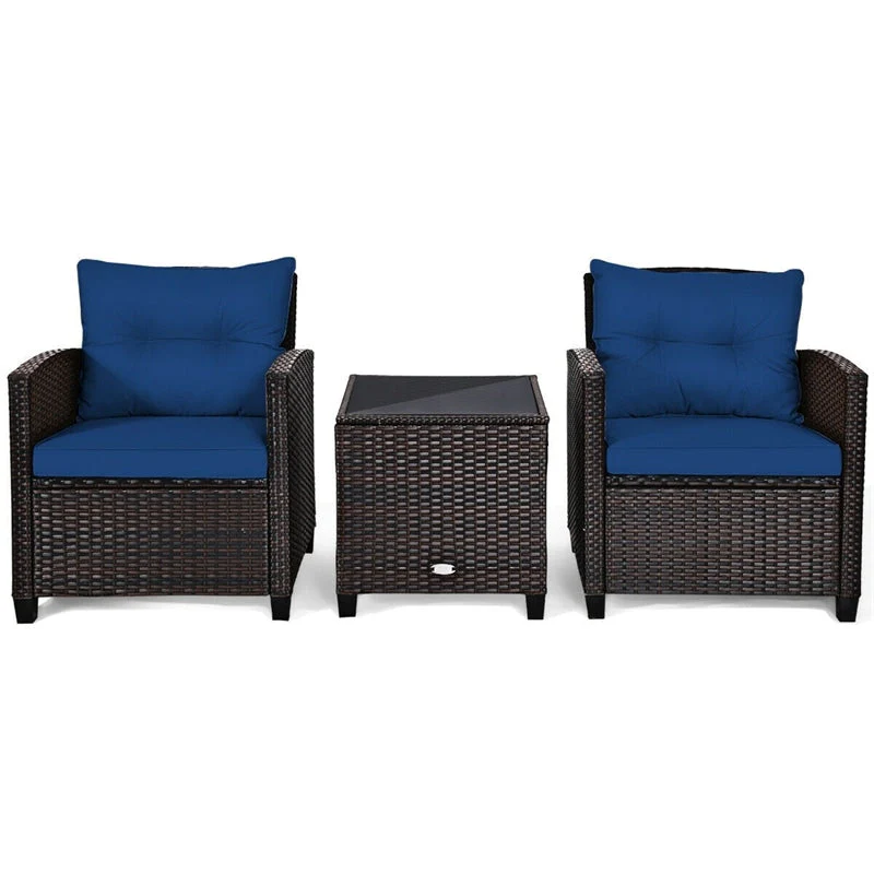 3 Pcs Rattan Patio Conversation Set Outdoor Wicker Sofa Set with Washable Cushions & Coffee Table
