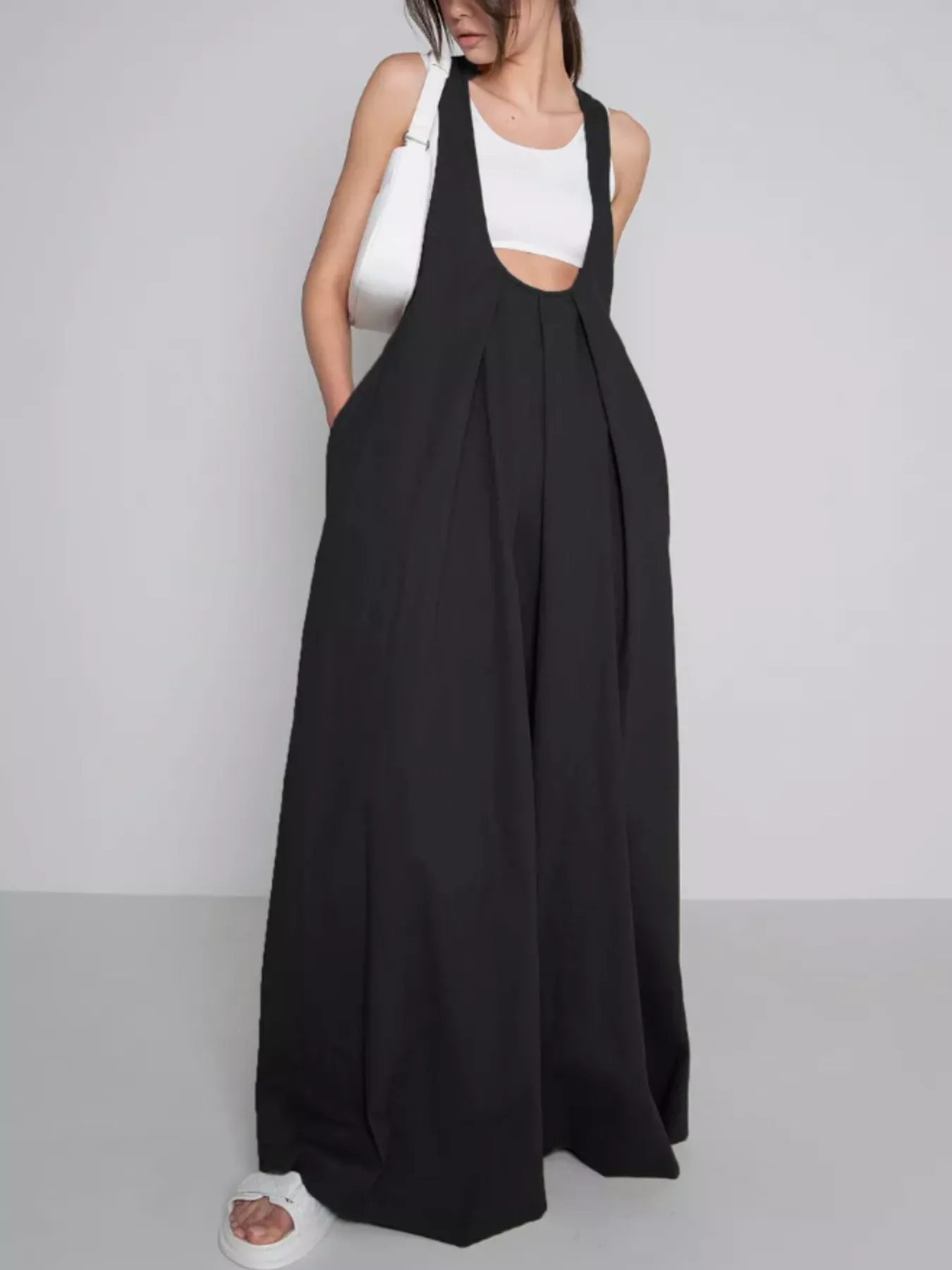 Pleated Overall Dress with Pockets