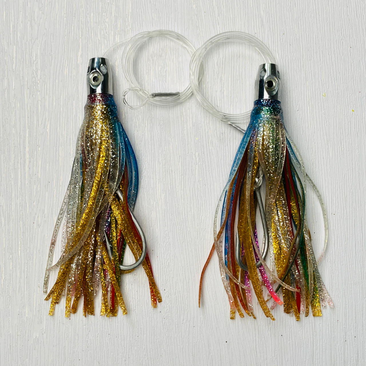 2pcs Jet Head Rigged skirts  150lb premium mono leader, 6/0 PS steel hook Rainbow