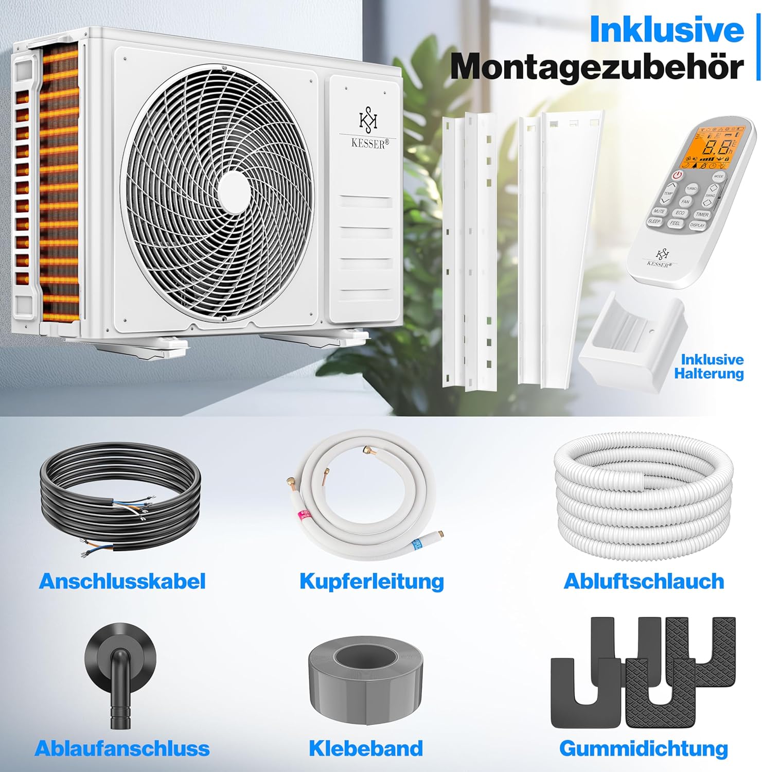 KESSER® Klimaanlage SET Split - mit WiFi/App Funktion Klimagerät - Kühlen A++/ Heizen A+ -12000 BTU/h (3.400 Watt) Sehr Leise, Kältemittel R32 - Fernbedienung, Timerfunktion - Inkl. Montagematerial