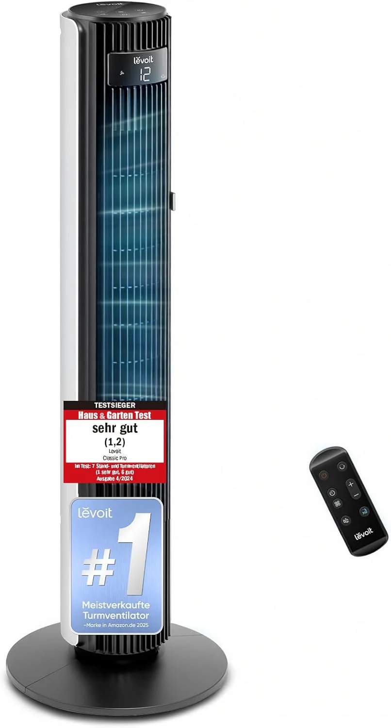 Levoit LTF-F422-WEU Turmventilator 107,6 cm – 12 Stufen, 4 Modi, 25 dB, 90° Oszillation, Perlenweiß