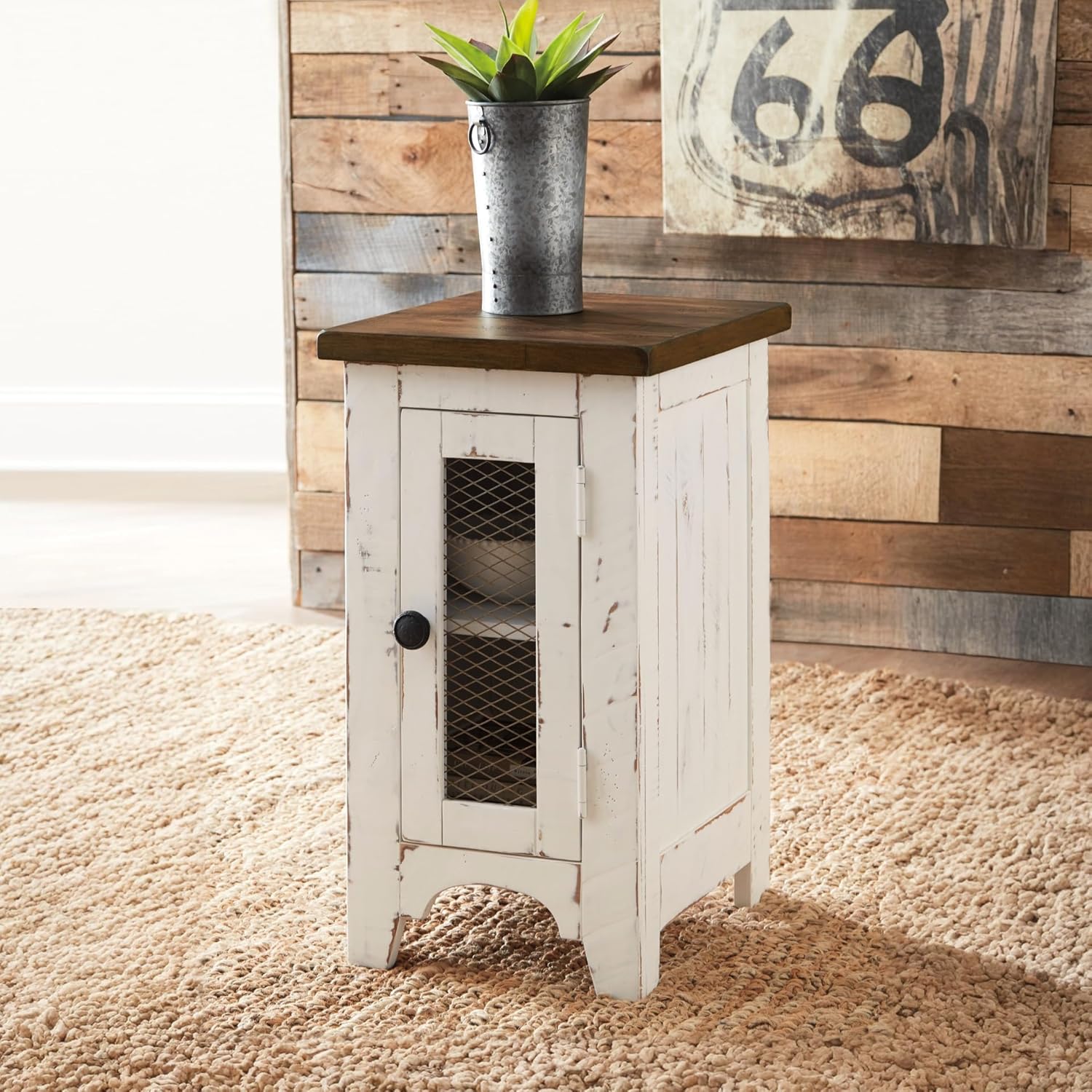 Signature Design by Ashley Wystfield Farmhouse Chair Side End Table with Cabinet Door for Storage, White & Brown with Distressed Finish