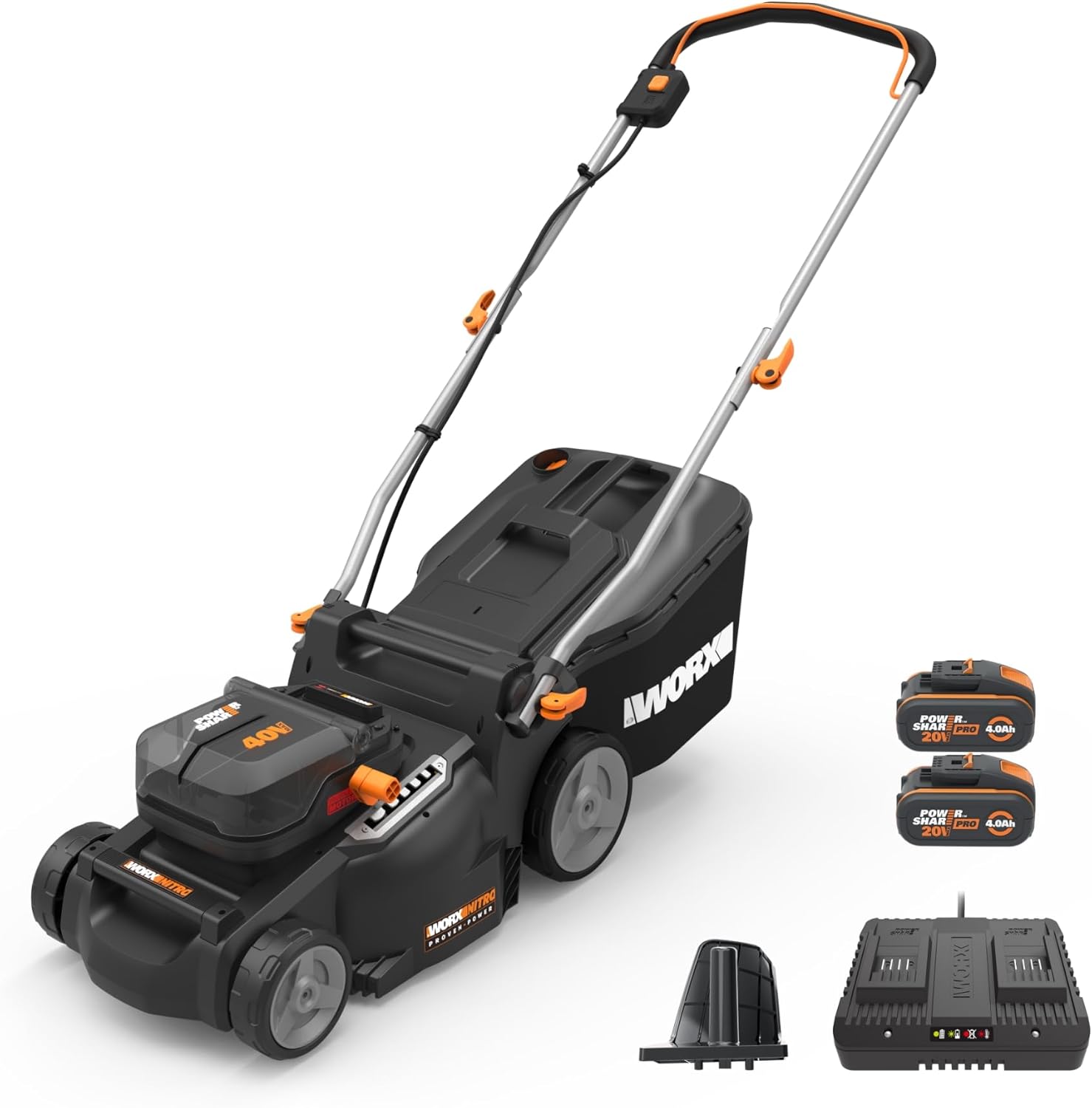 WORX WG737E Nitro Akku-Rasenmäher 40V(2x20V) - leistungsstarke bürstenloser Motor - 37cm Schnittbreite - 6 Schnitthöhenstufe (20-70mm) - 40L Grasfangsack - inkl. 2x4Ah Akkus & Dual-Ladengerät