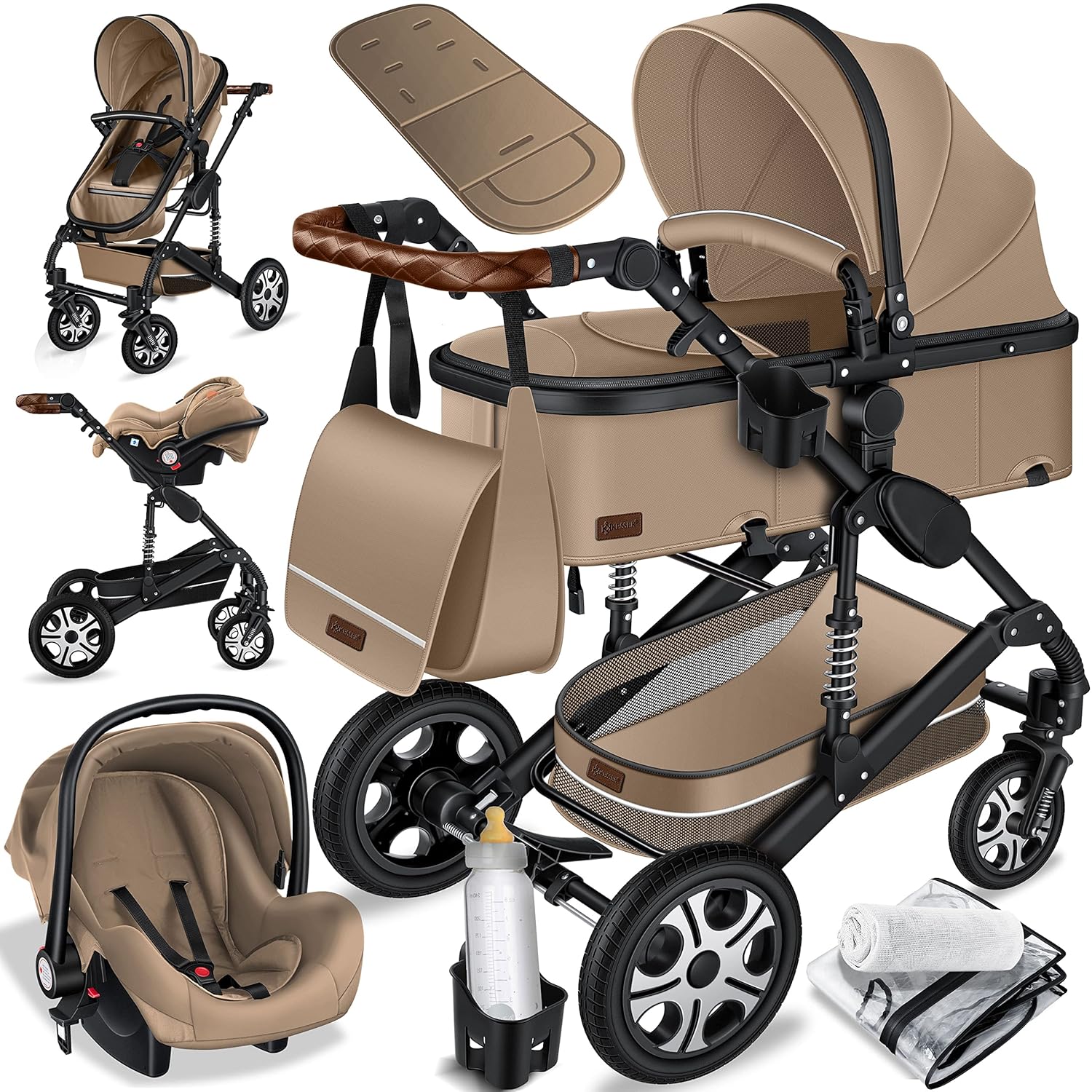 KESSER® Loops 3 in 1 Kinderwagen Kombikinderwagen Komplett-Set inkl. Babywanne & Buggy Sportsitz & Auto-Babyschale Voll-Gummireifen Wickeltasche Regenschutz Kindertisch ECE R129, Schwarz/Schwarz