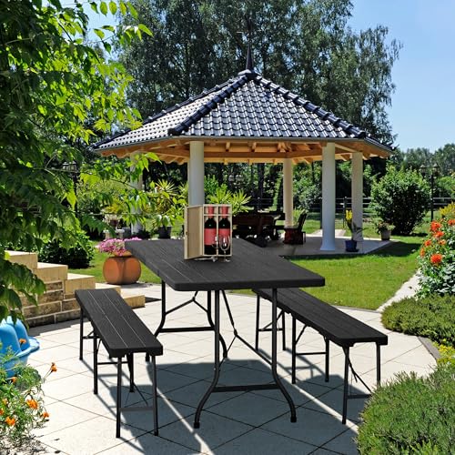 Relaxdays Tavolo da Birreria con Panche, Set da Giardino, Panchine e Tavolino 180 cm Pieghevoli, Aspetto Legno, Nero, Acciaio : Giardino e giardinaggio