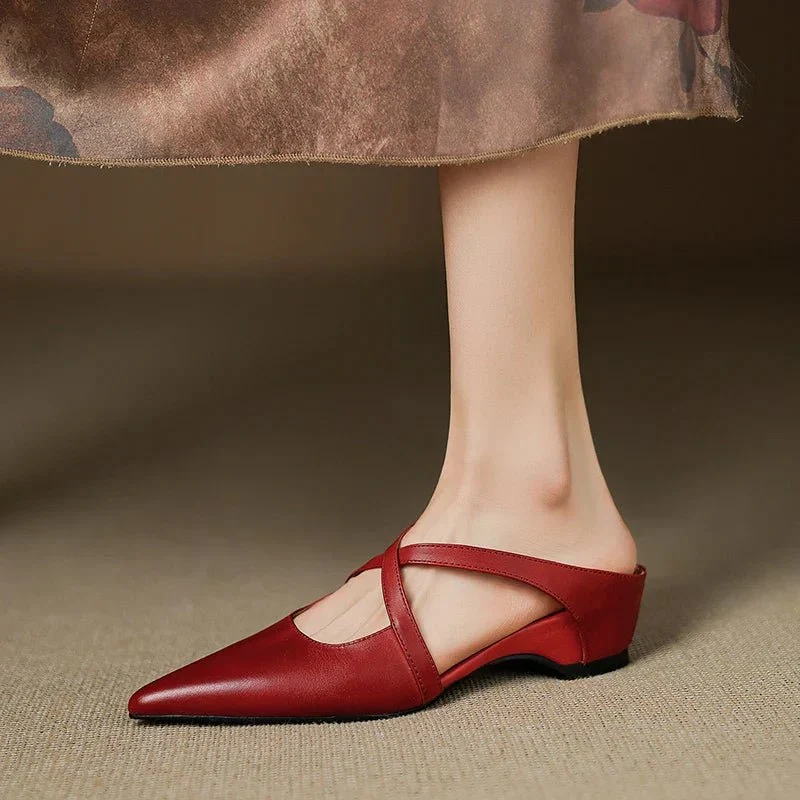 Women��s Leather Mules Pointed-Toe Cross-Strap Design with Low Heel