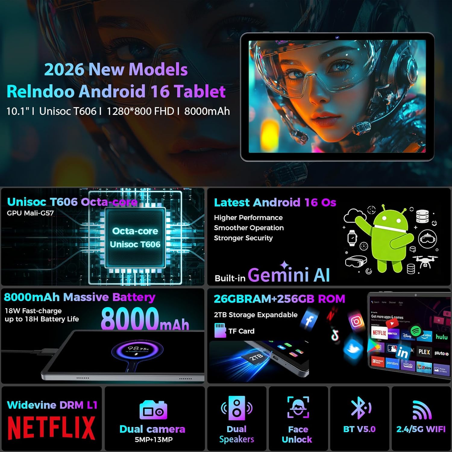 2026 Gemini AI Android 16 Tablet, 10 inch Tablet with Keyboard, 26GB+256GB (2TB Expand), 2-in-1 Tablets with 8-Core, 5G WiFi, 8000mAh, GMS, GPS, Electronic Tablets PC with Mouse, Case, Stylus (Silver)