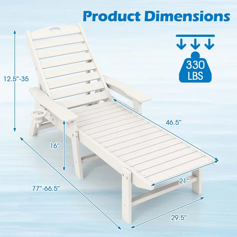 Outdoor Chaise Lounge Chair with 4-Position Backrest & Cup Holder, Weatherproof HDPE Reclining Patio Chair for Poolside, Backyard, Garden