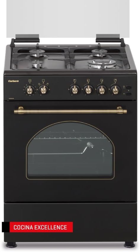Corberó - Cocina de Gas Butano Excellence 60cm | CCSF6022NR | 4 Fuegos | Horno 55L con puerta triple cristal| Función Ruste pollos | Tapa Fogones Cristal| Wok con Quemado| Negro Rústica