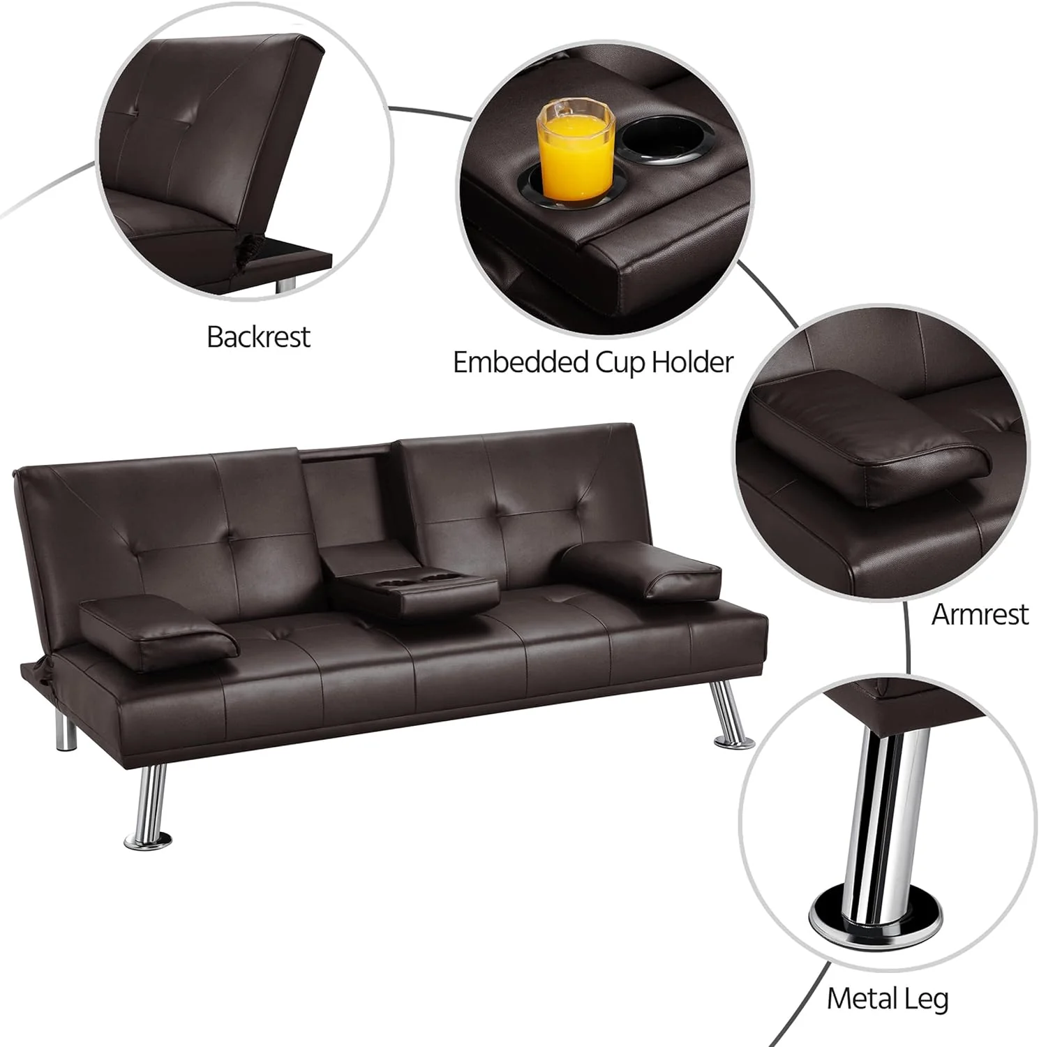 Yaheetech Convertible Sofa Bed Adjustable Couch Sleeper Modern Faux Leather Home Recliner Reversible Loveseat Folding Daybed Guest Bed, Removable Armrests, Cup Holders, 3 Angles, 772lb Capacity, Black
