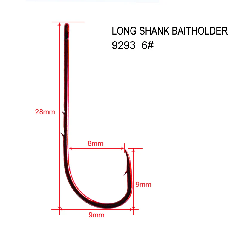 100X Long Shank Baitholder Hooks RED Size 6# Fishing Tackle