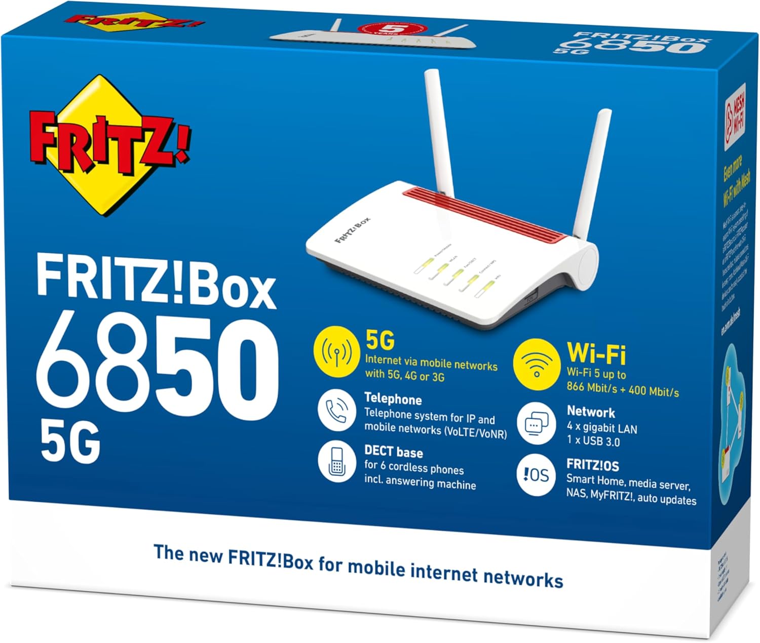 FRITZ!Box 6850 5G International (Mobilfunk-Internet bis zu 1.300 MBit/s, WLAN AC+N bis 866 (5 GHz) & 400 (2,4 GHz) MBit/s, 4 x Gigabit-LAN, DECT, USB 3.0, geeignet für Österreich/Schweiz)