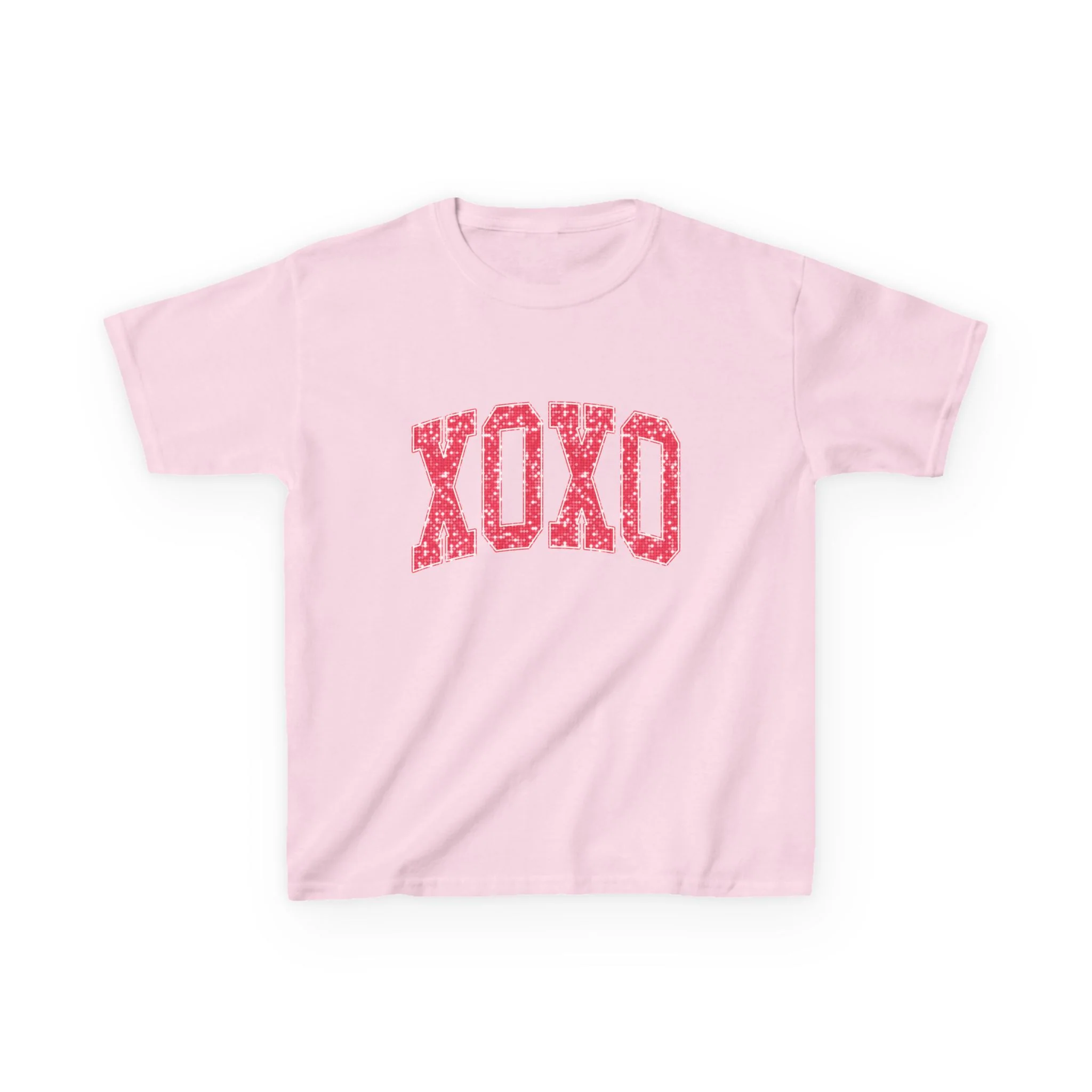 XOXO Kids Tee, Valentine Heart Pattern, Pink Lettering