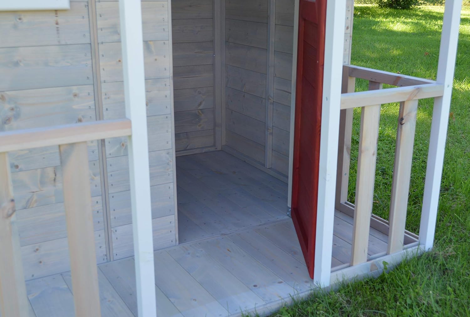 M6 Kinder Spielhaus Holz Outdoor, Gartenhaus für Kinder FSC Holz, 120×120×155 cm, mit Kunststofffenstern, Veranda, Regal, Tür, Kinderspielhaus für Garten, wetterfest, Rot