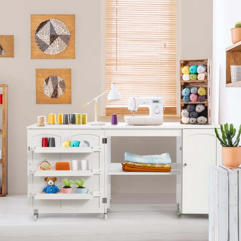 Costway Folding Sewing Table Shelves Storage Cabinet Craft Cart with - See Details