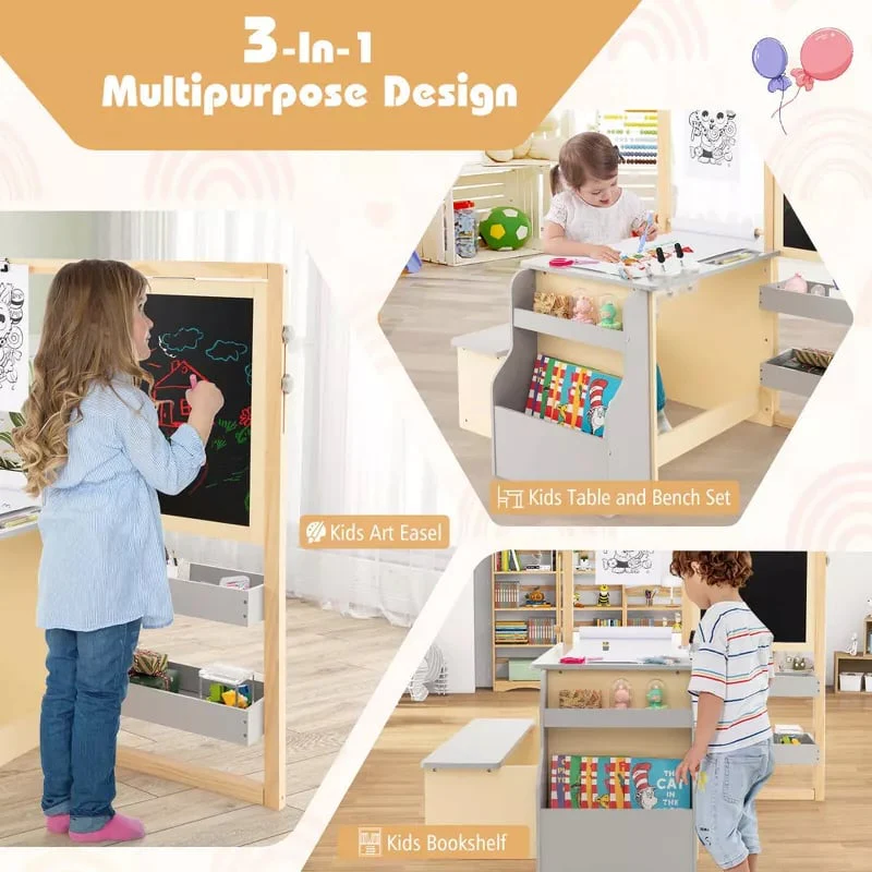 Kids Wooden Art Center Easel with Adjustable Double-Sided Blackboard & Whiteboard, Paper Roll, Toddler Art Table & Chair Set with Storage