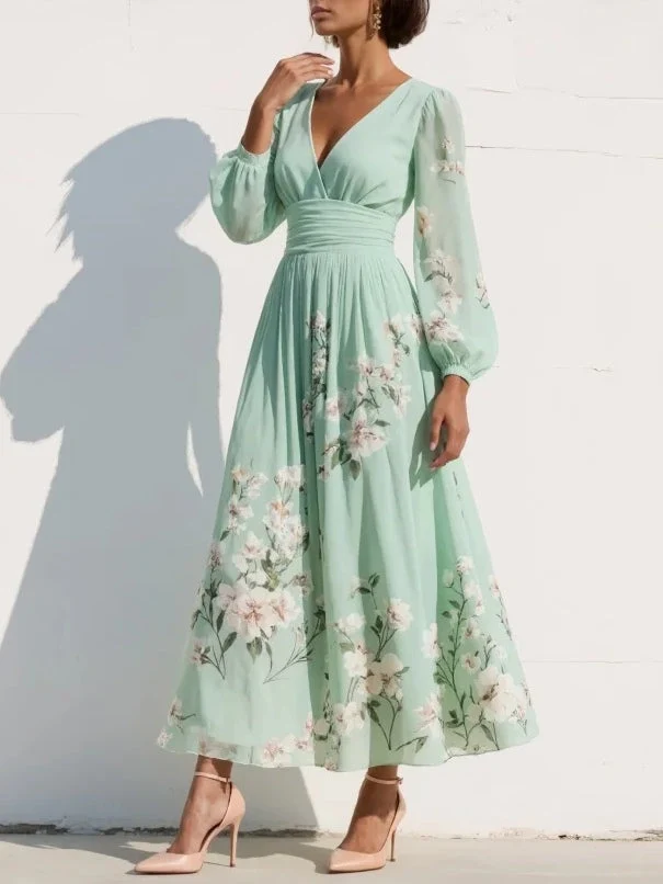 Womena??s Floral Midi Dress Lightweight Chiffon with Ruched Waist