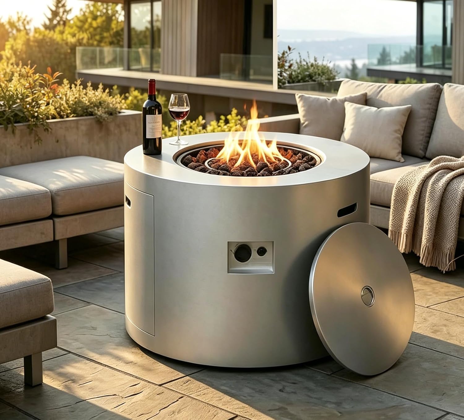 32 Inch Round Propane Fire Pit Table – 50,000 BTU Outdoor Gas Fire Table for Patio, Deck, Backyard, CSA Certified, Alloy Steel with Waterproof Cover, Lava Rocks & Lid, Gray