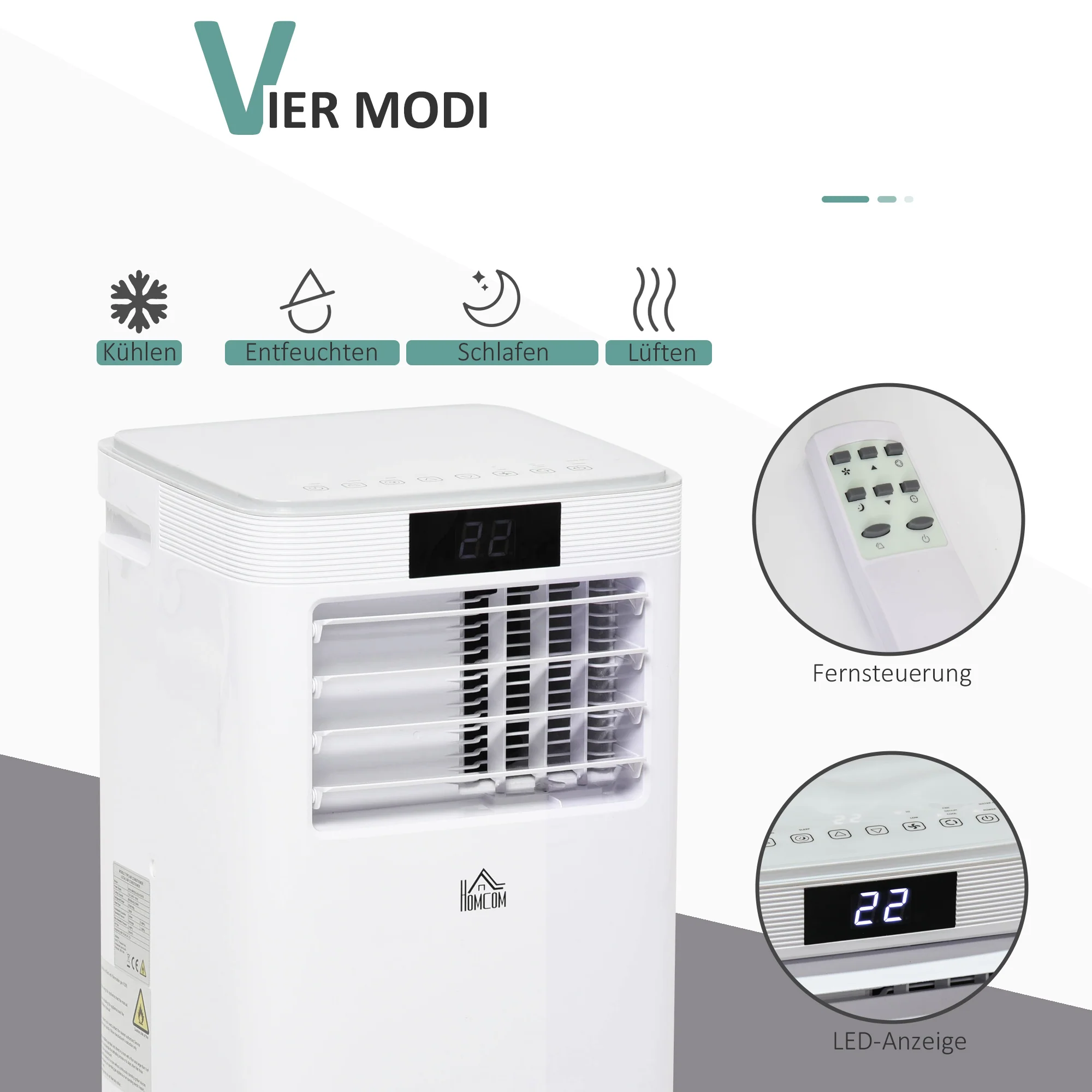 HOMCOM Mobiele airconditioner airconditioner 4 modi afstandsbediening 24u timer ABS wit