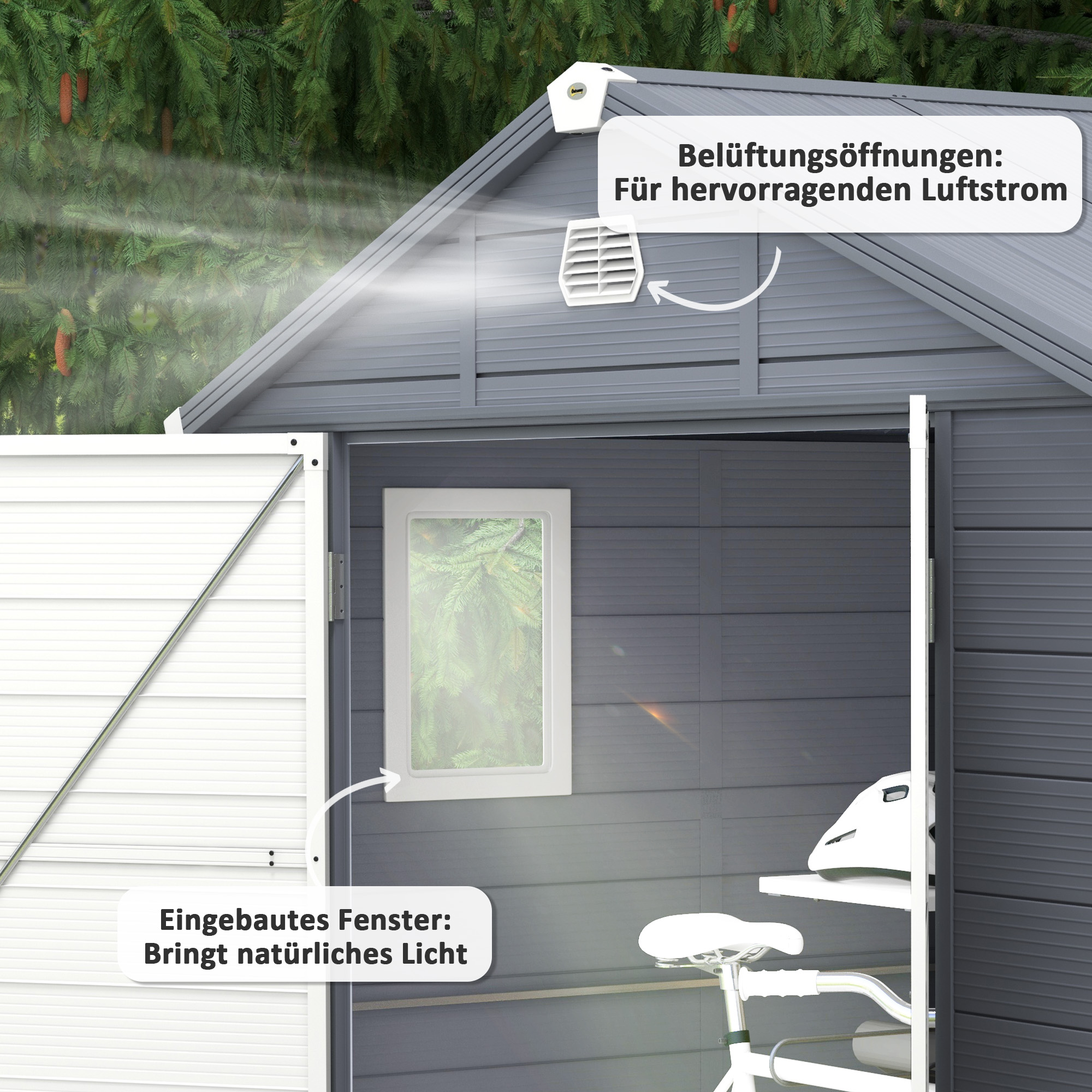Outsunny Tuinhuis, Tuinschuur met Ventilatieraam, Kunststof, Metaal, 240 x 190 x 180/228, Grijs