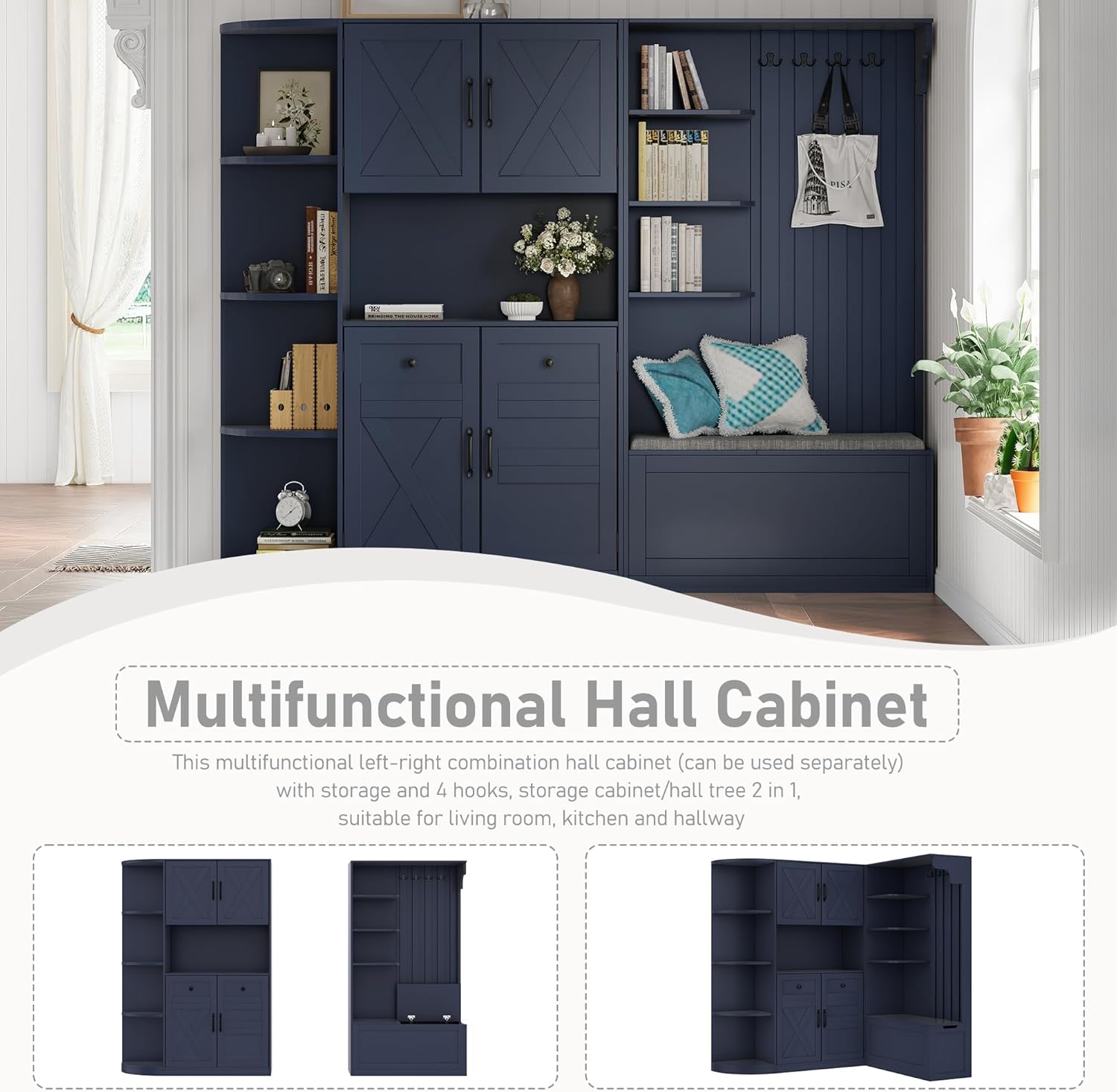 Multifunctional Hall Tree with Shoe Bench & Storage Cabinet,2-in-1 Left-Right L-Shaped Corner Entryway Cabinets with Coat Rack & Open Shelves,Modern Storage Organizer for,Living Room (Antique Blue)