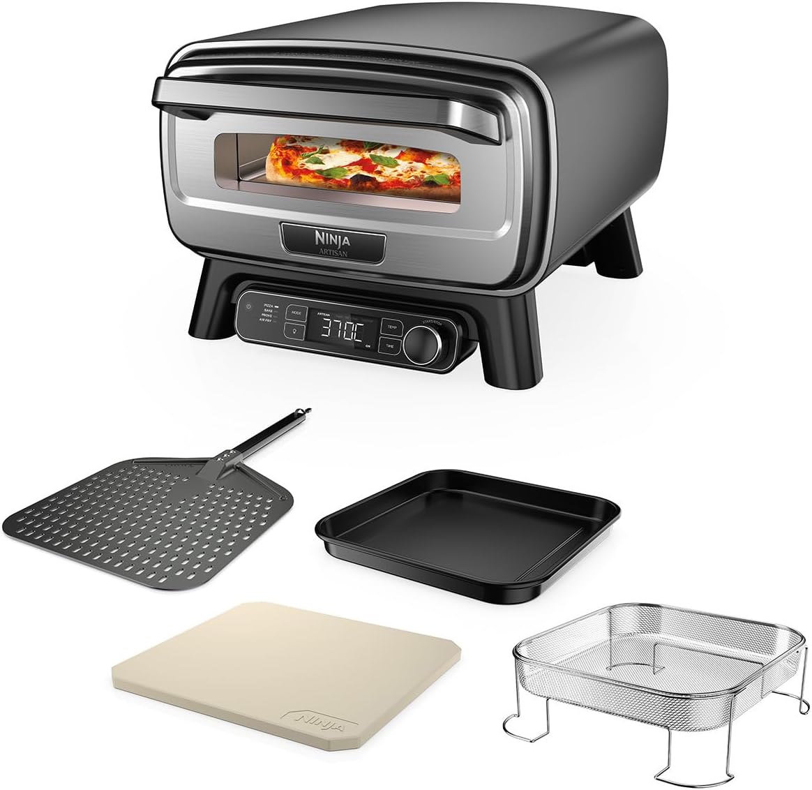 Ninja Artisan Forno elettrico per pizza e friggitrice ad aria, Pizza, Frittura ad aria, Cottura al forno e Lievitazione, pietra refrattaria da 30Â cm, pala, teglia e cestello, grigio MO201EU
