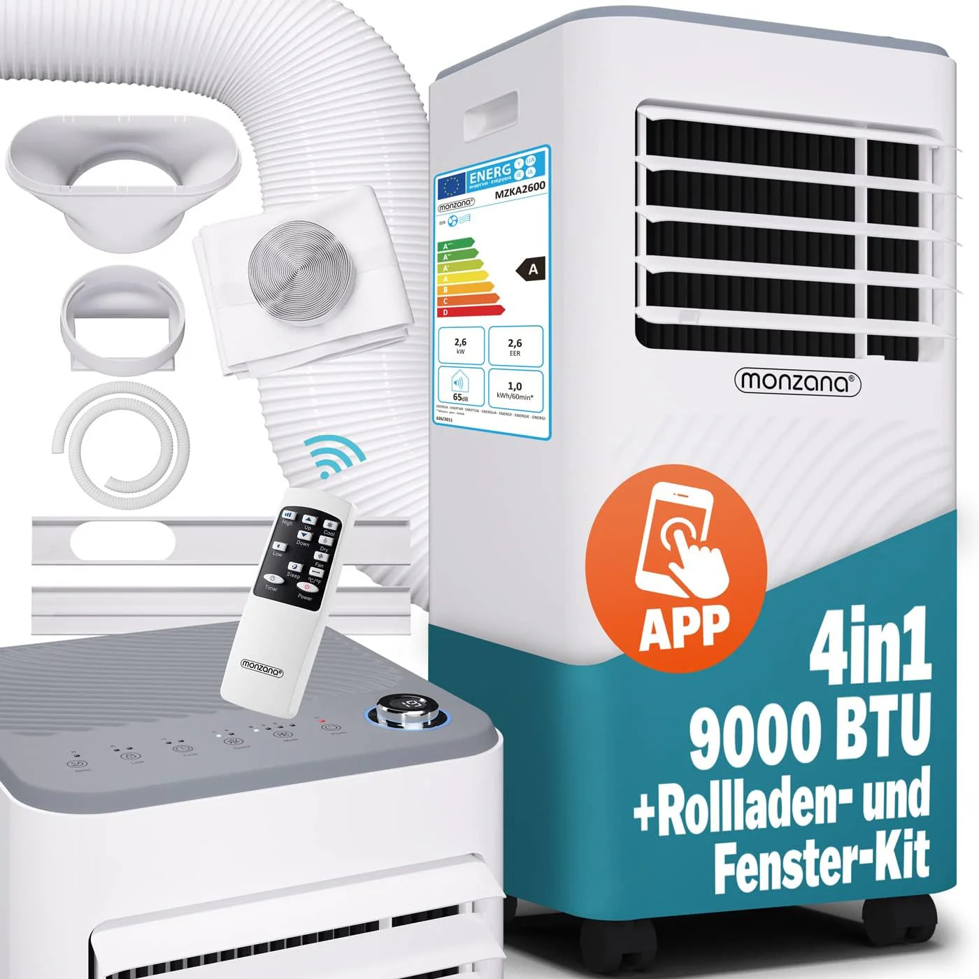 Monzana® mobil klímaberendezés MZKA2000 elszívótömlővel, 7000 BTU, 3 az 1-ben, 750W, 24 órás időzítő, 25 nm, távirányító, páramentesítő, redőnyszett, légkondicionáló