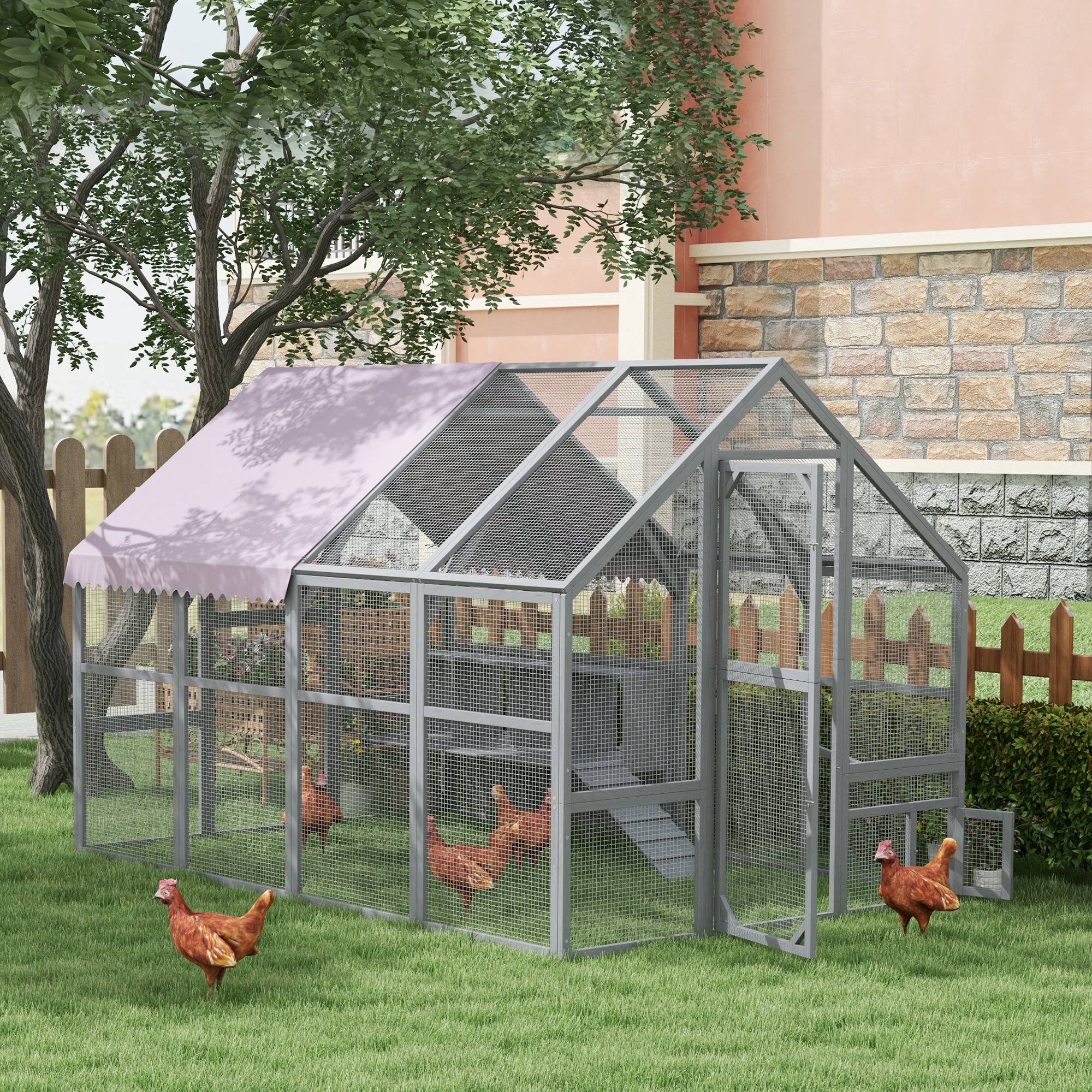 PawHut Kippenren Kippenhok Kippenhuis, toegankelijk, weerbestendig, 280 x 185,5 x 188 cm, Grijs