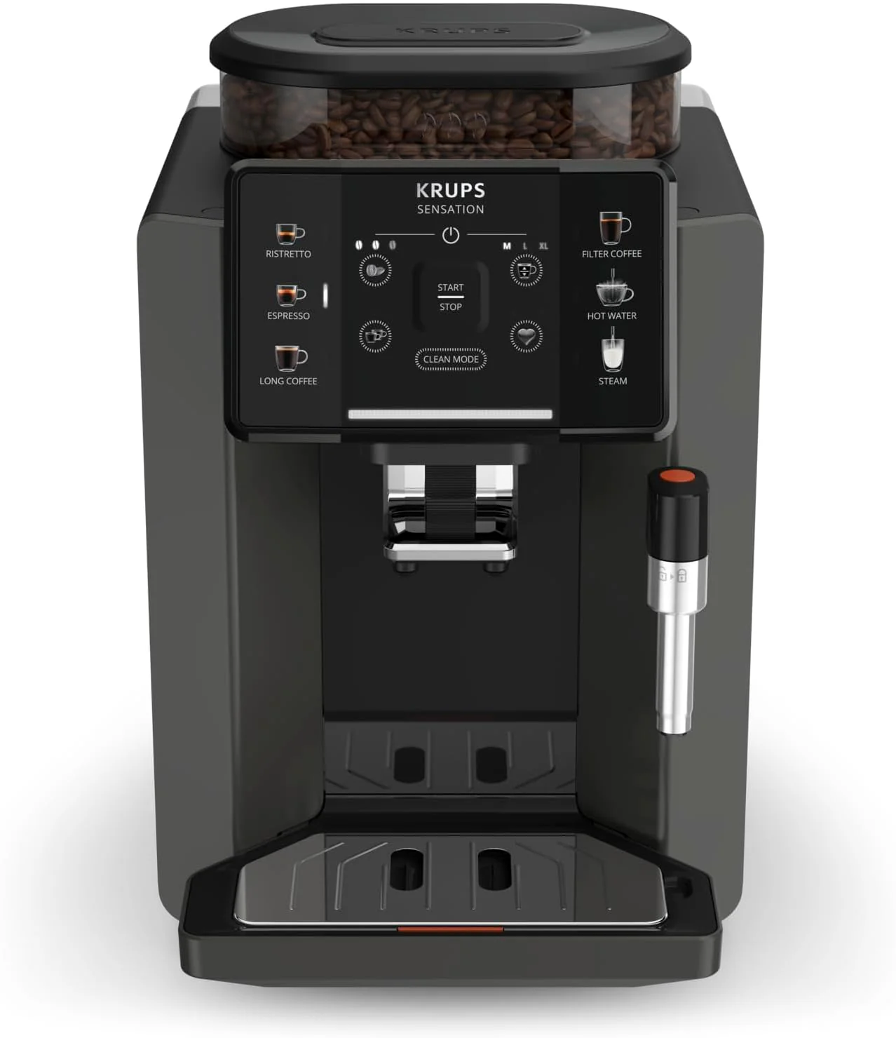 Krups Sensation Kaffeevollautomat, Milchschaumdüse, 5 Getränke, Filterkaffee-Funktion, 2-Tassen-Funktion, Kaffeemaschine, Schwarz, EA910810