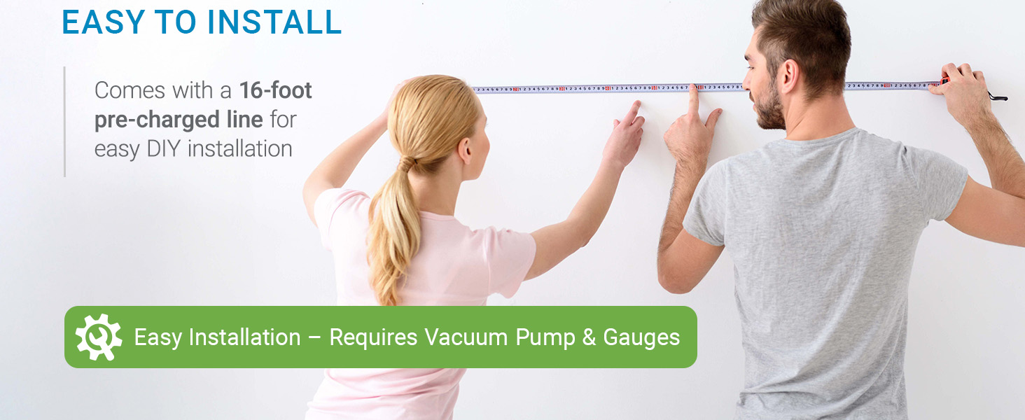 A woman and man measure a wall, showcasing a 16-foot pre-charged line for simple DIY installation.