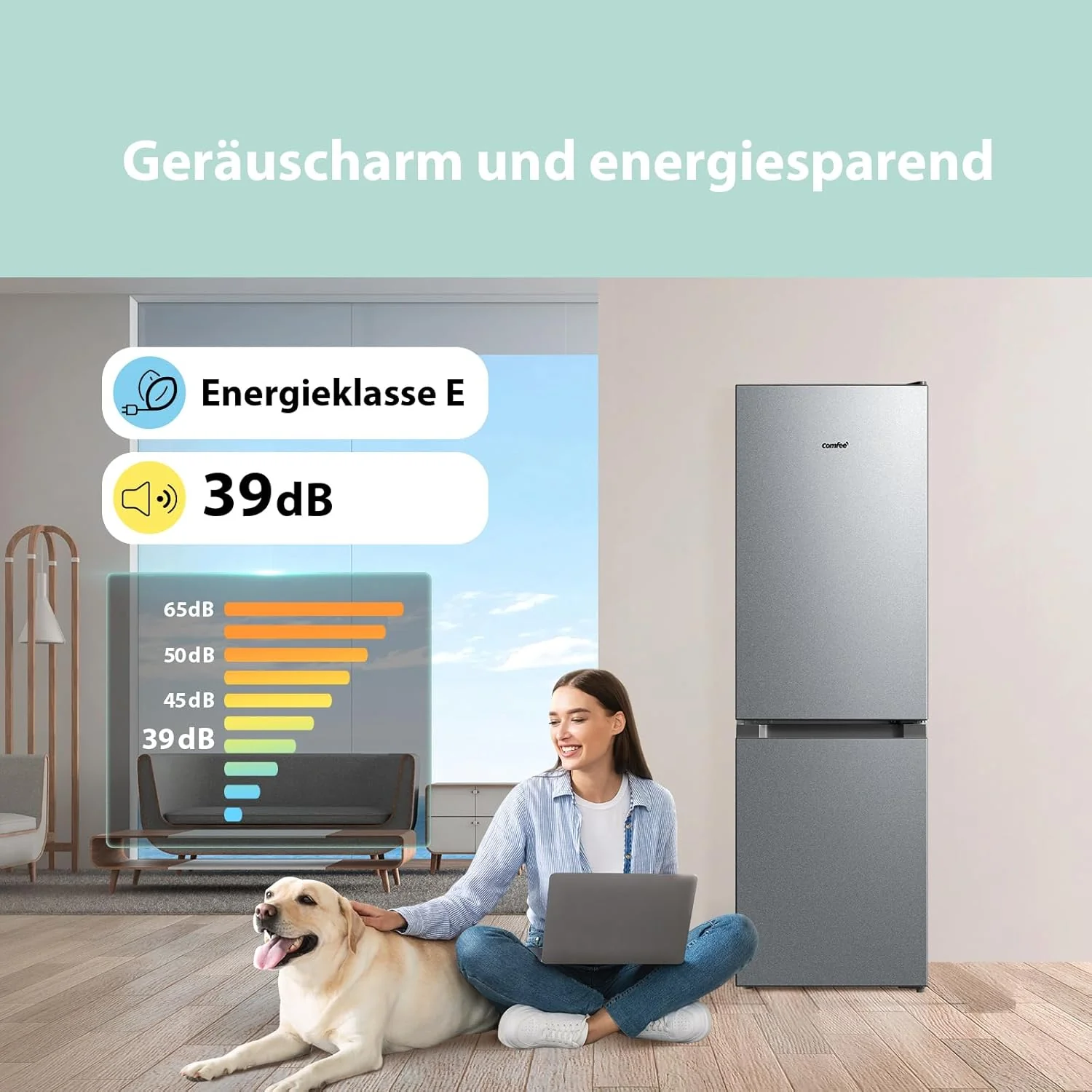 Comfee' RCB169DK3 Kühlschrank mit Gefrierfach 150cm Höhe/Kühl-/Gefrierkombination/Low Frost/174L/leise Kühlgefrierkombi 38dB/Einstellbare Kühlschranktemperatur/LED-Licht/156 kWh/Jahr/Schwarz