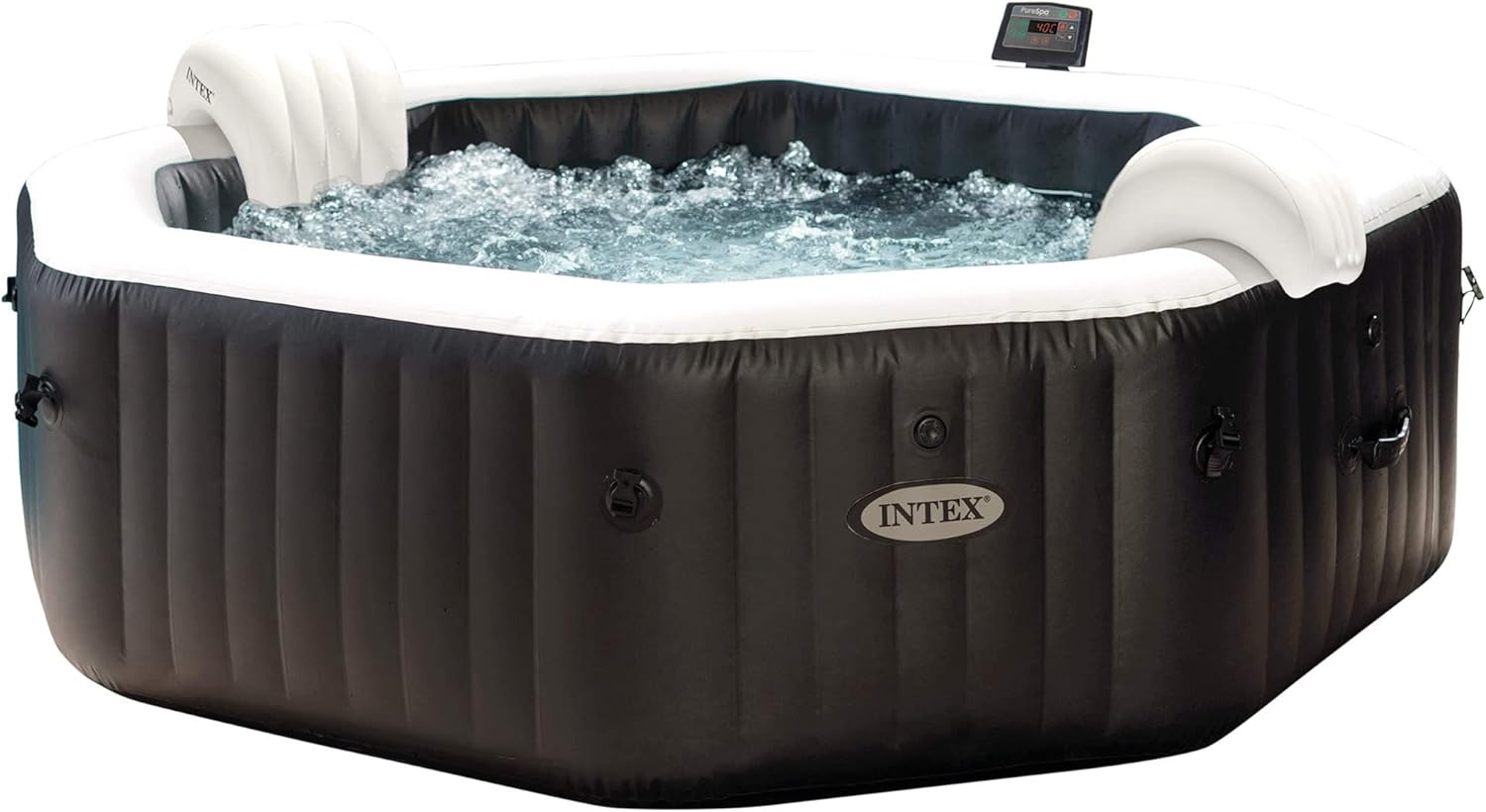 Intex 28462EX - PureSpa Vasca Idromassaggio Gonfiabile Jet&Bubble Deluxe Ottagonale, 6 posti, 140 Getti, Riscaldatore, Nero, 218x71 cm