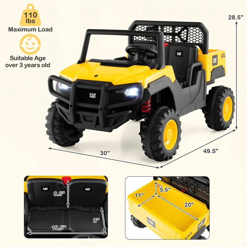 24V 4WD 2 üléses dömper gyerekjármű, licencelt Caterpillar elektromos jármű távirányítóval és lassú indítással, gyerek UTV autó billenőplatóval