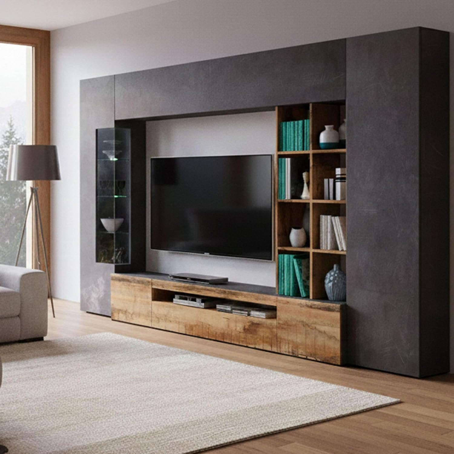 Dmora Parete Attrezzata Ocean 40x290x192h cm Grigio Ardesia 20 Ripiani 6 Ante, Apertura Battente e a Ribalta Made in Italy
