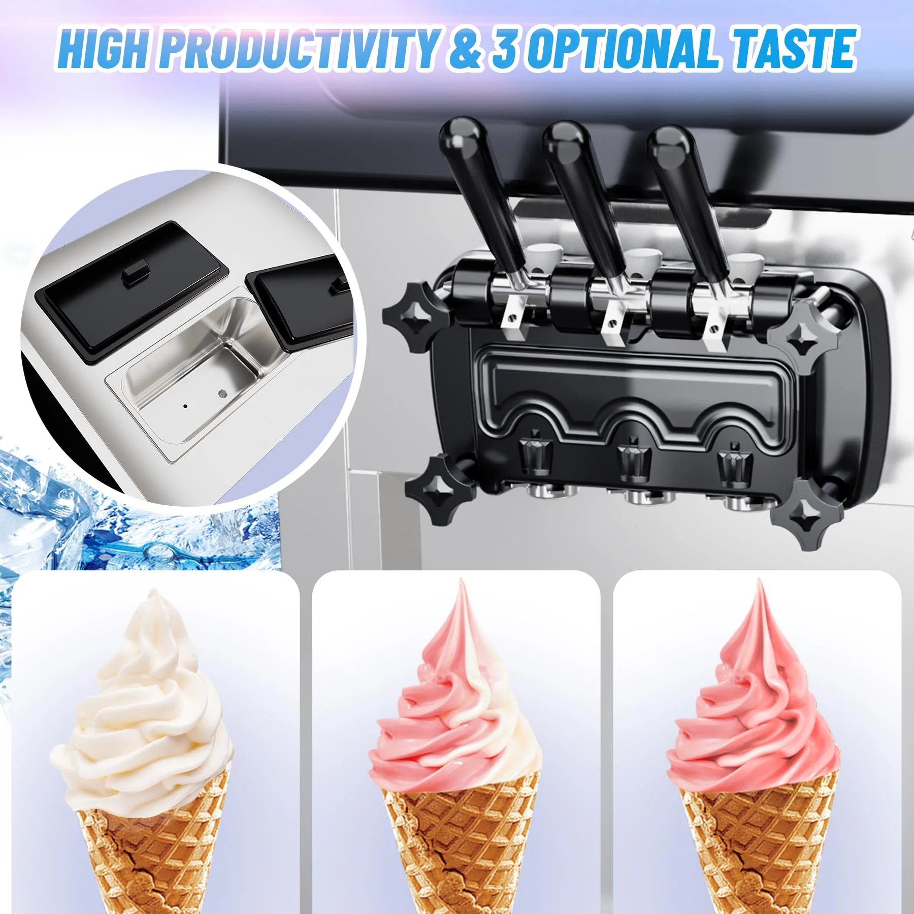 Garvee 2200W Commercial Ice Cream Machine, 3 Flavor Soft Serve Ice Cream Machine, 5.3-7.4 Gal/Hr, with LCD Touch Screen, Automatic Cleaning, High Productivity for Home Snack Bar & Restaurants