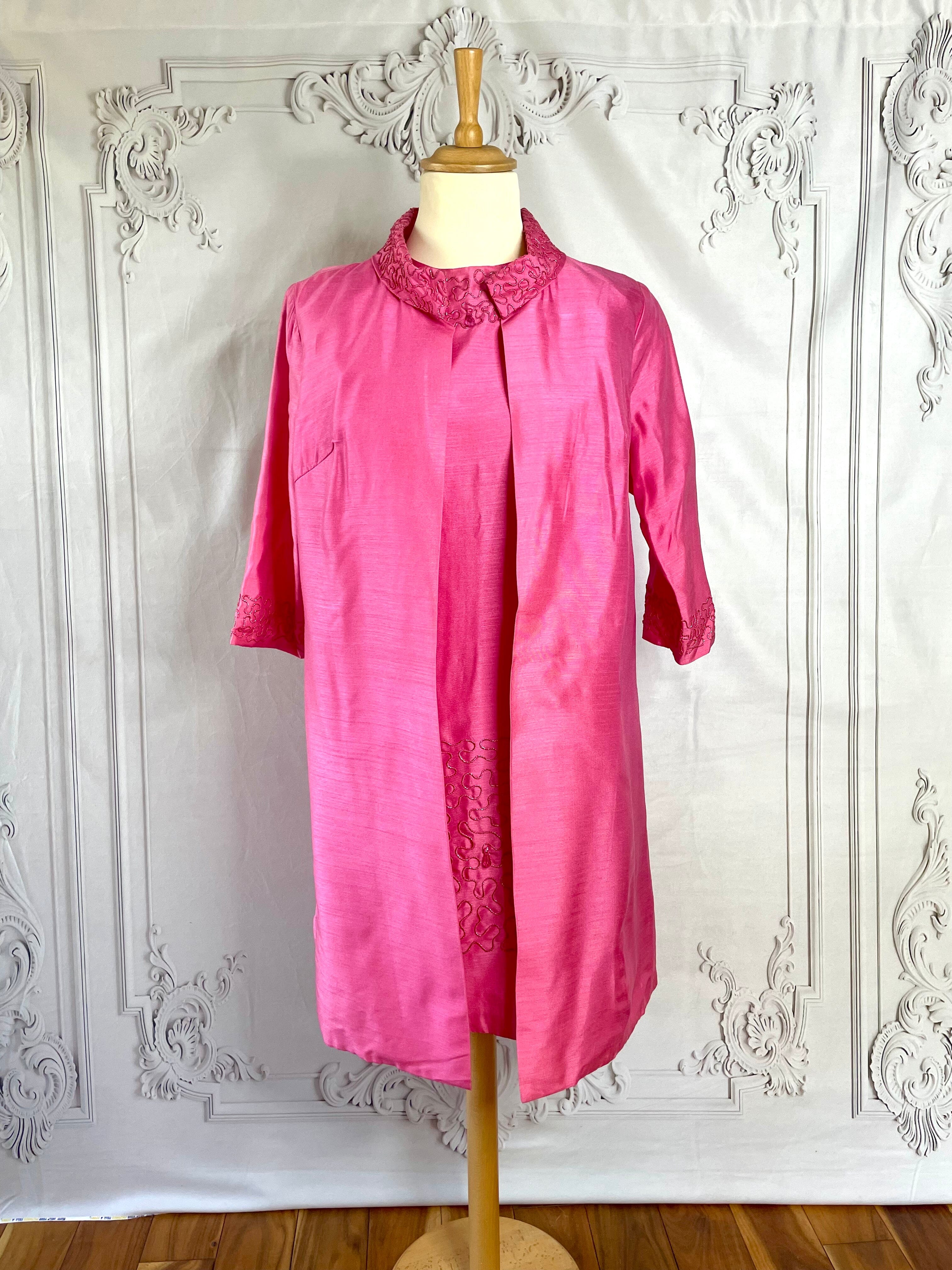 1960s Silk Dupion Beaded Shirt Dress and Matching Coat