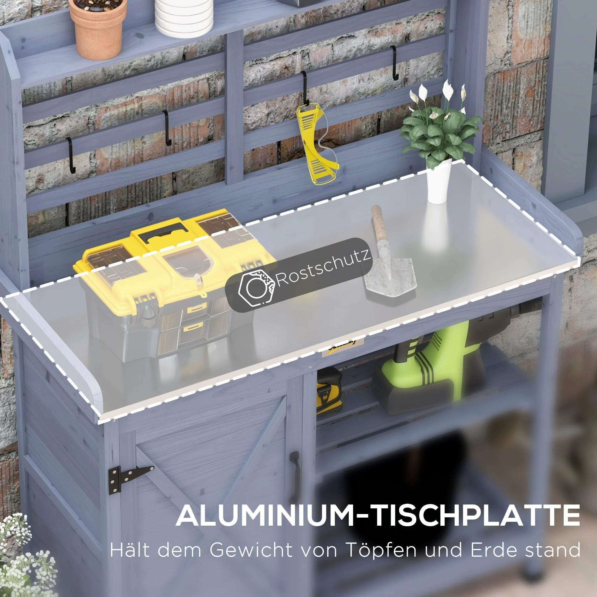 Outsunny Tuinset met opbergkast, aluminium werkblad, opbergruimte, 112x47x146cm, Grijs